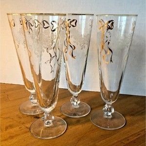 Set of 4 Vintage Pilsner Clear Glass w/ White Roses & Gold Bows Wedding